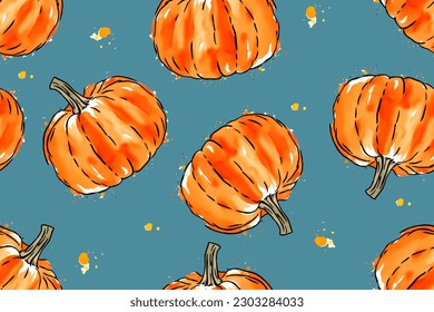 Seamless abstract autumn pattern with watercolor pumpkins on blue background