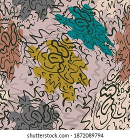 Seamless abstract backdrop with hand drawn colorful shapes and abstract wave lines
