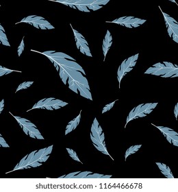 seamless abstract background blue feathers  on a black background