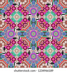 Seamless abstract background. Blue, gray and green mandalas. Traditional ornate portuguese decorative tiles azulejos. Ceramic tiles pattern. Vector hand drawn art, typical portuguese tiles.
