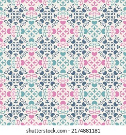 Seamless abstract background with blue, green and pink colorful vintage elements. Damask geometric vector pattern.