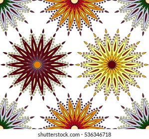 Seamless abstract background. Bright mandala in brown and orange tones on white. Vector illustration. 