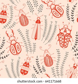 Seamless abstract background with bugs and herbs.