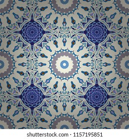 Seamless abstract background. Ceramic tiles pattern. Gray, blue and violet mandalas. Vector hand drawn art, typical portuguese tiles. Traditional ornate portuguese decorative tiles azulejos.