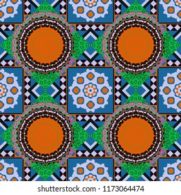 Seamless abstract background. Ceramic tiles pattern. Traditional ornate portuguese decorative tiles azulejos. Blue, violet and black mandalas. Vector hand drawn art, typical portuguese tiles.