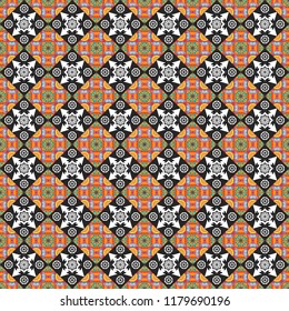 Seamless abstract background. Ceramic tiles pattern. Traditional ornate portuguese decorative tiles azulejos. Gray, orange and white mandalas. Vector hand drawn art, typical portuguese tiles.