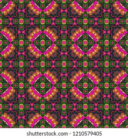 Seamless abstract background. Ceramic tiles pattern. Raster hand drawn art, typical portuguese tiles. Traditional ornate portuguese decorative tiles azulejos. Blue, brown and yellow mandalas.