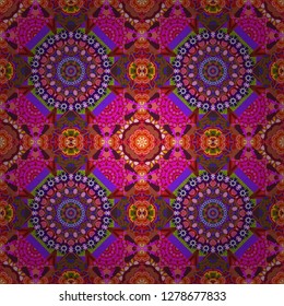 Seamless abstract background. Ceramic tiles pattern. Vector hand drawn art, typical portuguese tiles. Magenta, pink and red mandalas. Traditional ornate portuguese decorative tiles azulejos.