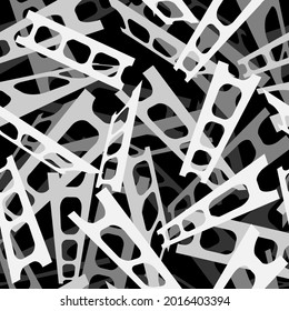 seamless abstract background from a chaotic pile of metal structures in black and white for printing on fabrics, banners, covers, frames, for interior decoration in a futuristic style