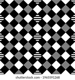 Seamless abstract background. Checkered pattern diamond shape. Monochromatic color black and white. Texture design for fabric, tile, cover, poster, textile, flyer, banner, wall. Vector illustration.