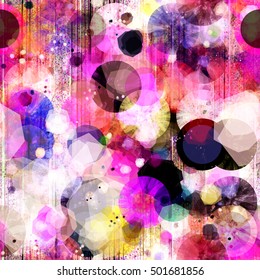 Seamless abstract background with circles, vertical lines, small triangle elements and spots. Abstract vector pattern. Purple, blue, yellow, black, white. 
