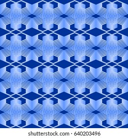 Seamless abstract background with classic light blue line patterns oriented in strips, 3d optical art illusion