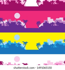 Seamless abstract background of colored stripes with a silhouette of Palms in the sun. Vector image. eps 10