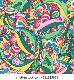 Seamless abstract background with colorful elements. Hand drawn illustration with decorative floral texture. Can be used for textile, wrapping, background, wallpaper.