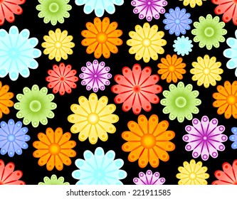 Seamless abstract background with colorful rainbow flowers on black area