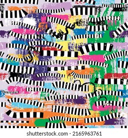 seamless abstract background composition, with stripes, black and white, paint strokes and splashes