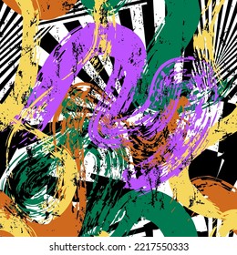 seamless abstract background composition, with stripes, black and white, paint strokes and splashes