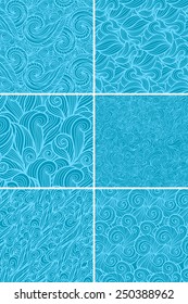 Seamless abstract background with curls and waves. Vector pattern collection. Set of 6 textures.