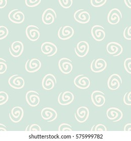 Seamless abstract background with cute round swirls on pastel green background. Infinity mint and beige polka dot geometric pattern. Vector illustration. 