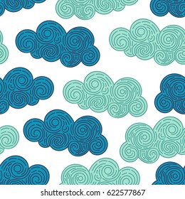 Seamless abstract background with doodle curly clouds on white background. Infinity geometric pattern. Vector illustration. 