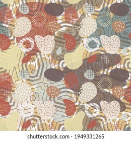 Seamless abstract background with dots, circles, rings. Infinity spotted Memphis geometric pattern. 