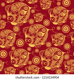 Seamless abstract background with earth pig (swine), symbol of 2019. Texture (pattern) for textile, wallpapers, print, wrapping, scrapbooking, book cover, cloth. New year design. Vector illustration.