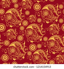 Seamless abstract background with earth pig (swine), symbol of 2019. Texture (pattern) for textile, wallpapers, print, wrapping, scrapbooking, book cover, cloth. New year design. Vector illustration.