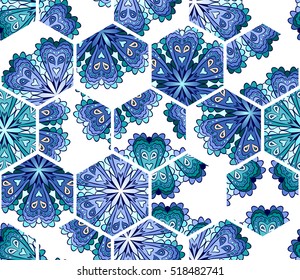 Seamless abstract background. Elements of mandala in hexagons in blue and turquoise tones. Vector illustration. 