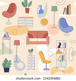 Seamless abstract background with furniture and interior elements. Vector pattern