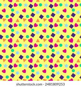 Nahtloser abstrakter Hintergrund, geometrische Formen, verschiedene Größen, Farben, Retro-Stil, 90er Jahre Vintage, Stoffmuster.