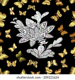 Seamless abstract background with golden gradient butterflies and flower. Seamless pattern for your design wallpapers, pattern fills, web page backgrounds, surface textures. 