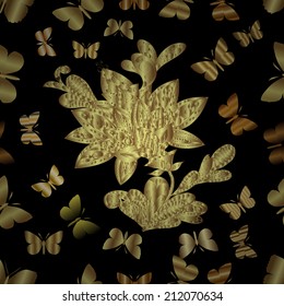 Seamless abstract background with golden gradient butterflies and flower. Seamless pattern for your design wallpapers, pattern fills, web page backgrounds, surface textures. 