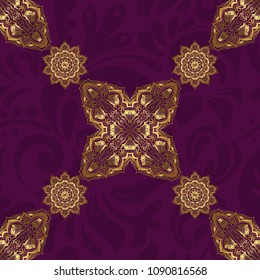 Seamless abstract background with golden repeating elements. Purple and golden pattern. Elegant vector classic golden seamless pattern.