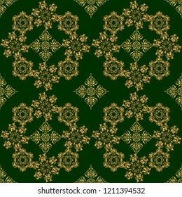 Seamless abstract background with golden repeating elements. Green and golden pattern. Elegant vector classic golden seamless pattern.