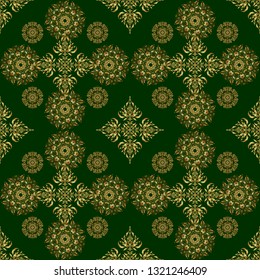 Seamless abstract background with golden repeating elements. Green and golden pattern. Elegant vector classic golden seamless pattern.
