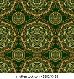 Seamless abstract background with golden repeating elements. Green and golden pattern. Elegant vector classic golden seamless pattern.