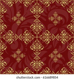 Seamless abstract background with golden repeating elements. Red and golden pattern. Elegant vector classic golden seamless pattern.