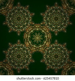 Seamless abstract background with golden repeating elements. Green and golden pattern. Elegant vector classic golden seamless pattern.