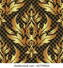 Seamless abstract background with golden repeating elements. Black and golden pattern. Elegant vector classic golden seamless pattern.
