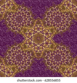 Seamless abstract background with golden repeating elements. Purple and golden pattern. Elegant vector classic golden seamless pattern.