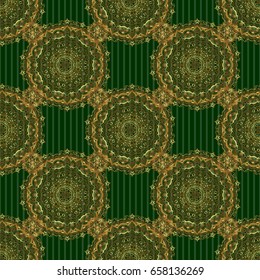 Seamless abstract background with golden repeating elements. Green and golden pattern. Elegant vector classic golden seamless pattern.