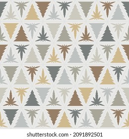 Nahtloser abstrakter Hintergrund. Geometrische Formen des grauen und braunen Dreiecks. Weihnachtsbaummuster und Cannabisblatt. Textur Design für Gewebe Muster, Fliesen, Deckel, Poster, Wand. Vektorgrafik.