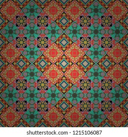 Seamless abstract background. Green, blue and orange mandalas. Traditional ornate portuguese decorative tiles azulejos. Vector hand drawn art, typical portuguese tiles. Ceramic tiles pattern.