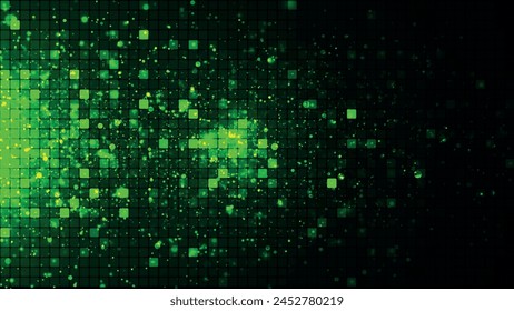 Seamless abstract background of green squares and bright particles. Abstract gradient background. Background for web design. Small square simple computer mosaic blocks. 3D vector