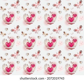 Seamless abstract background with hearts and butterflies in delicate pink colors. Vector illustration in fantasy romantic style