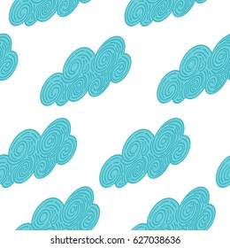 Seamless abstract background with isometric doodle curly blue clouds on white background. Infinity geometric pattern. Vector illustration. 