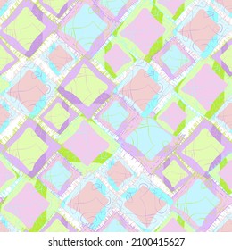 Seamless abstract background. The lines and rhombuses are pink, green and purple. Delicate, pastel colors. Hand-drawn graphics on a white background. Cute, neutral, minimalistic.