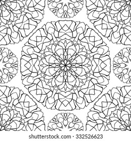 Seamless abstract background with mandalas of of thin lines. Vector pattern with round decorative elements. Sketch for the design of the carpet, shawl, wallpaper, tablecloths, curtains.