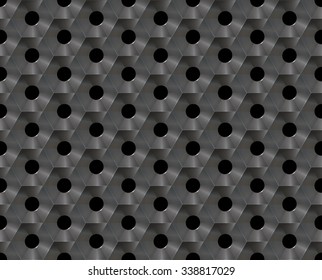 Seamless abstract background metallic honeycomb - hexagons with holes. In each cell, a round hole.  Color - steel darker shade. 3D Vector illustration EPS10.