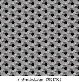 Seamless abstract background metallic honeycomb - hexagons with holes. In each cell, a round hole.  Color- steel.  3D Vector illustration EPS10.